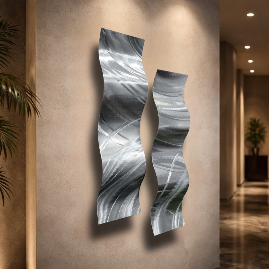 Twin Currents - 2-Panel Metal Wave Wall Art 6"x23" (each)