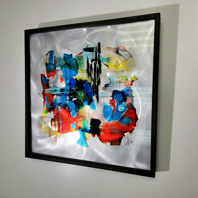 Colorful Abstract Painting on Silver Metal by Jon Allen 24" x 24" - JAC 638