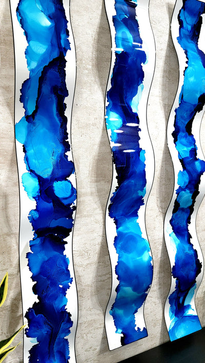 Only 1! Original Paintings Blue & White Abstract Waves Set of 3 - WAV77