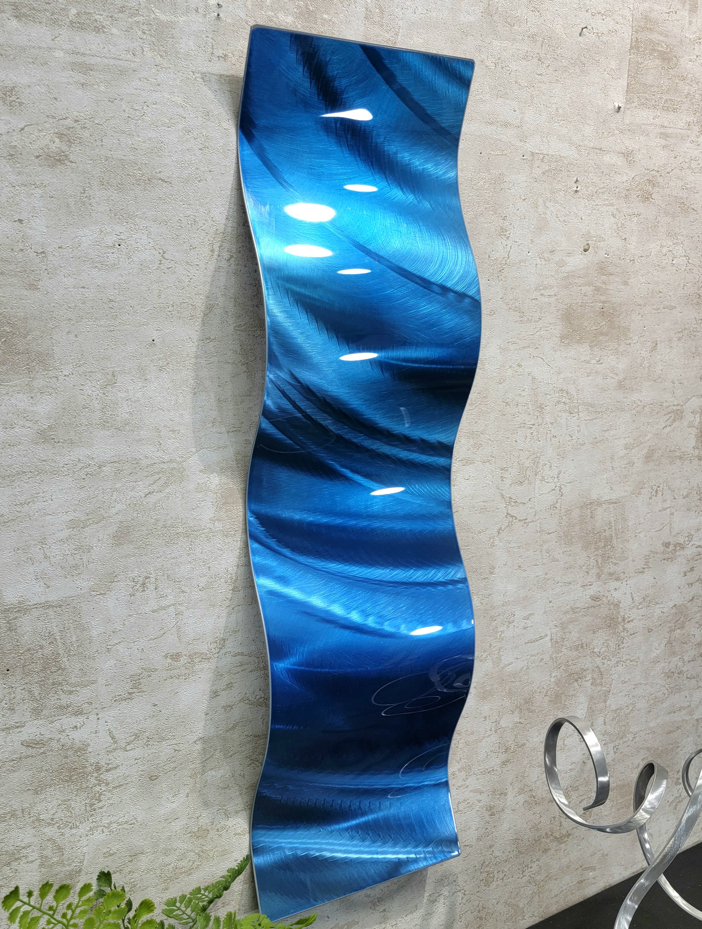 One of a Kind! Blue "Sea of Hearts" Abstract Metal Wall Art Wave Sculpture - Home Decor Wave 9.5" x 31"- Gem W8