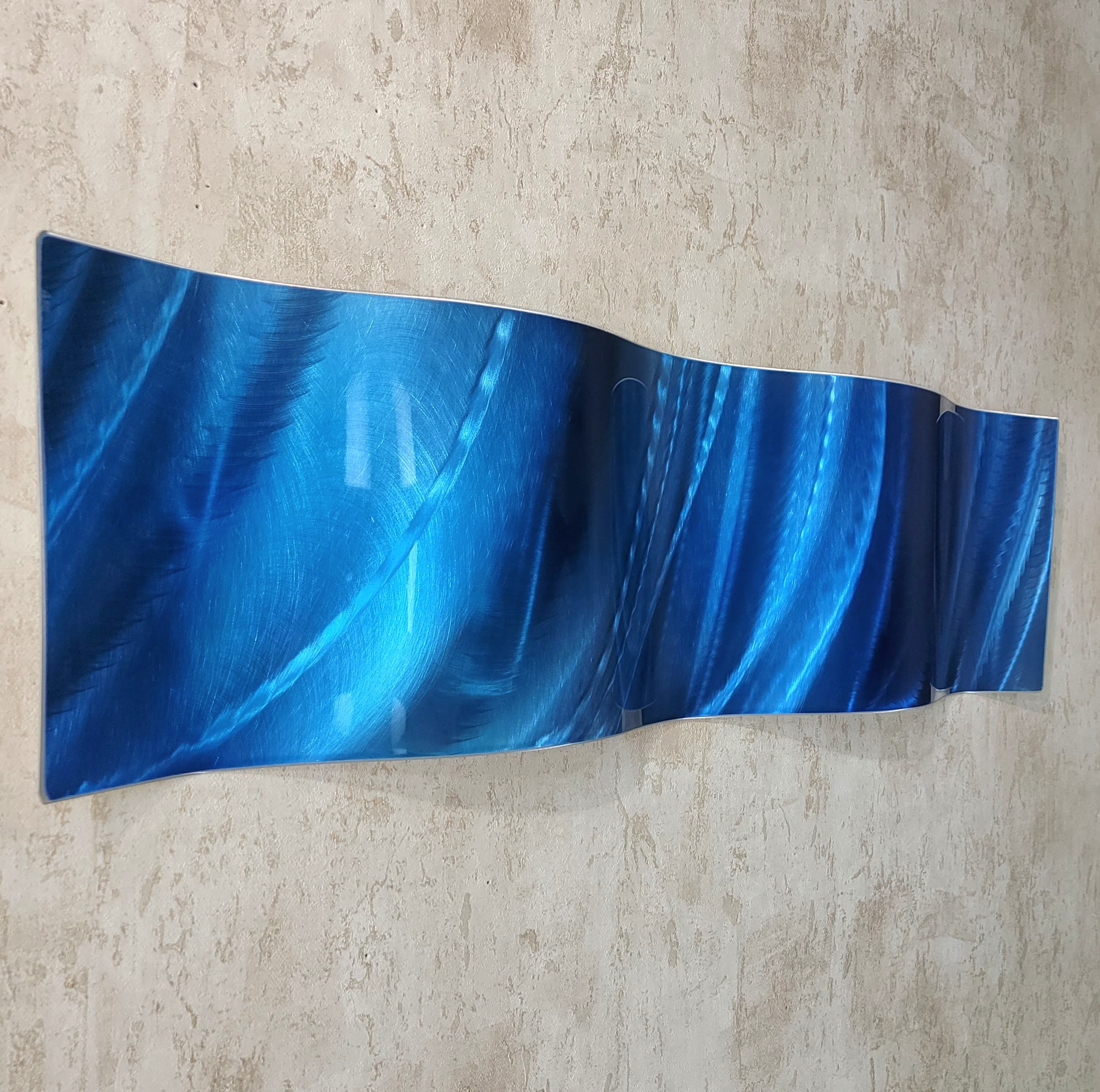 One of a Kind! Blue "Sea of Hearts" Abstract Metal Wall Art Wave Sculpture - Home Decor Wave 9.5" x 31"- Gem W8