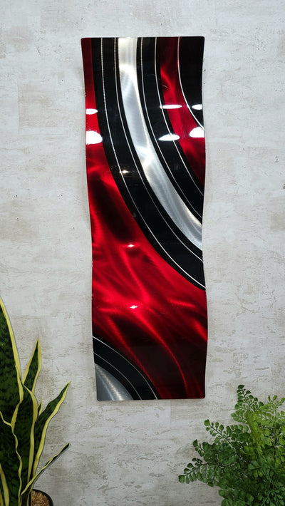 Exclusive "Vibrant Colors" Red, Silver and Black Multicolor Abstract Painting  32" X 10"  Metal  Art by Jon Allen - WAV 84