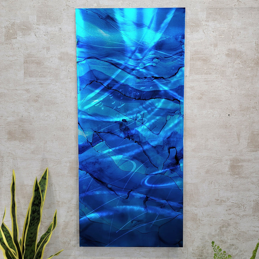 Unique "Vibrations in Blue Color" Abstract Painting  36"x 16" x 2"  Metal  Art by Jon Allen - GEM P43