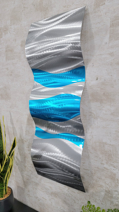 Only One! Silver and  Blue  Abstract Painting  34" X 12"  Metal  Art by Jon Allen - SHORT WAVE 4