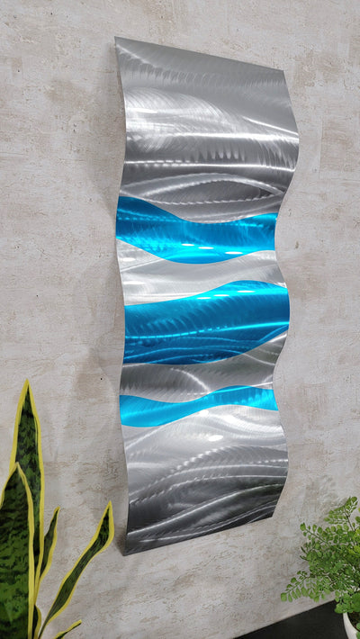 Only One! Silver and  Blue  Abstract Painting  34" X 12"  Metal  Art by Jon Allen - SHORT WAVE 4