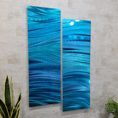Only One !  Blue Abstract Painting  Set of 2 Each Panel 36" x 12"  Metal by Jon Allen - GEM P49