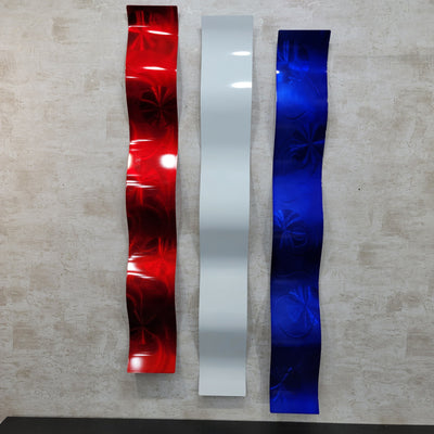 Only One!  Red, White and Blue Abstract Painting Set of 3  Each Panel 48" X 6"  Metal  Art by Jon Allen - RED WHITE BLUE