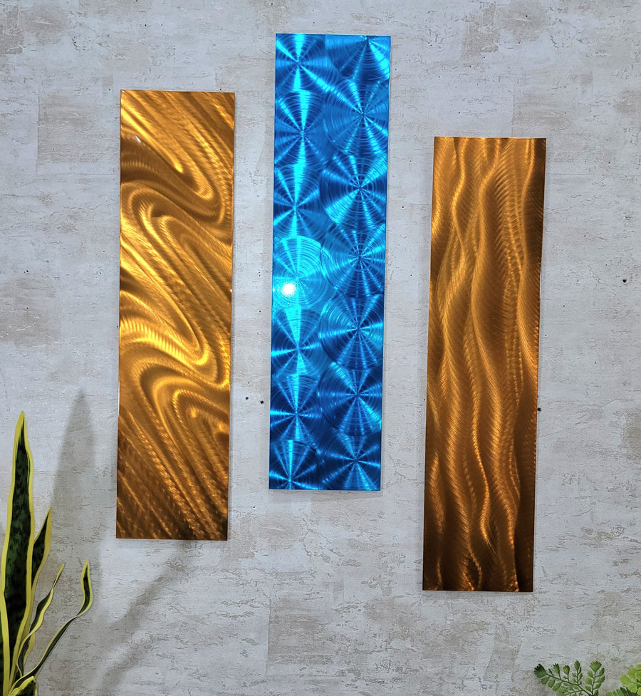 Only One! Blue and Copper Abstract Painting Set of 3  Each Panel 24" X 6"  Metal  Art by Jon Allen - EASY 4
