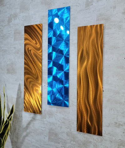 Only One! Blue and Copper Abstract Painting Set of 3  Each Panel 24" X 6"  Metal  Art by Jon Allen - EASY 4