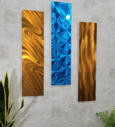 Only One! Blue and Copper Abstract Painting Set of 3  Each Panel 24" X 6"  Metal  Art by Jon Allen - EASY 4