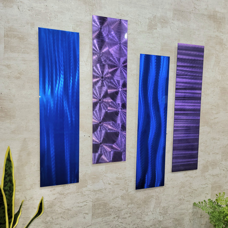 Only One!  Blue and Purple Abstract Painting Set of 4  Each Panel 24" X 6"  Metal  Art by Jon Allen - EASY 5