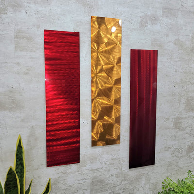 Only One! Red Wine and Golden Abstract Painting Set of 3  Each Panel 24" x  6"  Metal  Art by Jon Allen - EASY 7