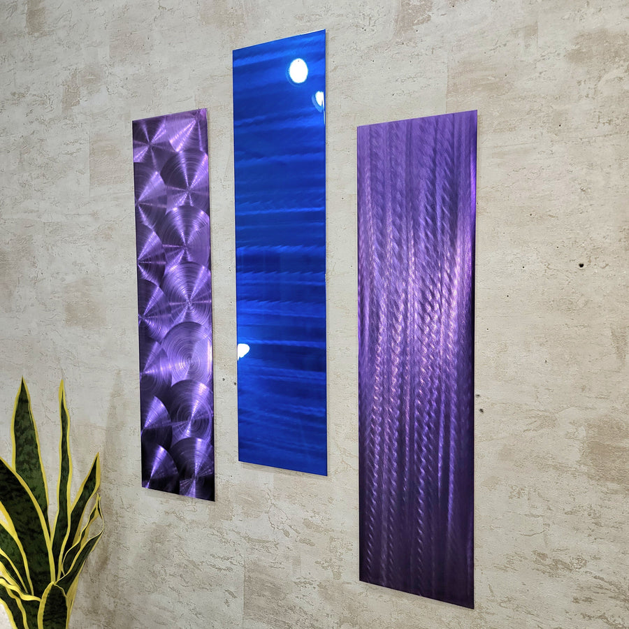 Only One! Purple and Blue Abstract Painting Set of 3  Each Panel 24" x 6"  Metal  Art by Jon Allen - EASY 8