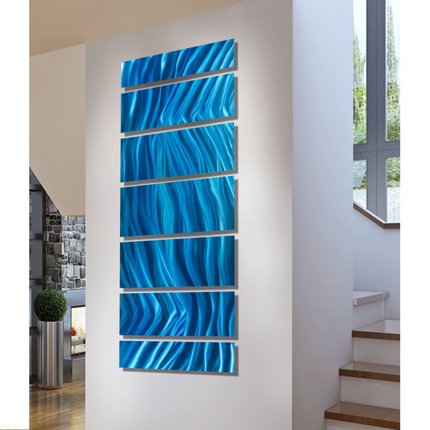 Azure Tides - Hand-Textured Aqua Blue Metal Wall Art 68x24 | Jon