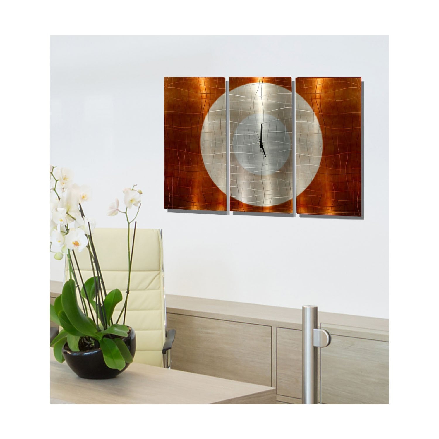 Modern Metal Wall Clock Art Panels Silver & Copper Decor by Jon